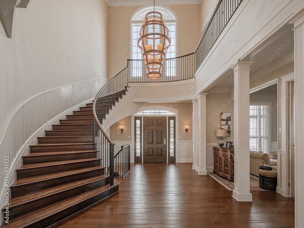 Fototapeta premium Elegant grand foyer with curved staircase and chandelier