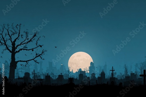 Holiday event Halloween web banner background with full moon on graveyard