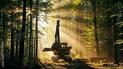 Heavy logging machine cuts and moves wood logs in a forest with sun rays. Forestry industry work process footage.
