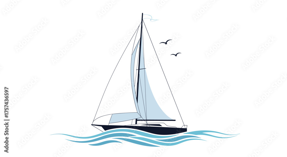 Fototapeta premium A majestic sailboat glides across the ocean waves under a clear sky with two birds flying overhead.