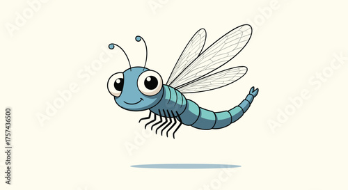 A cute blue dragonfly with large eyes and transparent wings flies in the air.