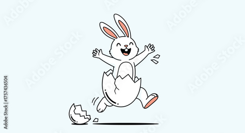 A joyful cartoon bunny emerges from a broken egg in celebration.