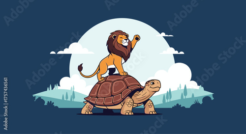 A majestic lion riding on the back of a slow-moving turtle illustration.
