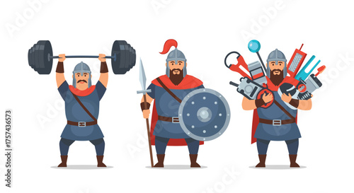 Warriors showcase strength a shield and various modern tools