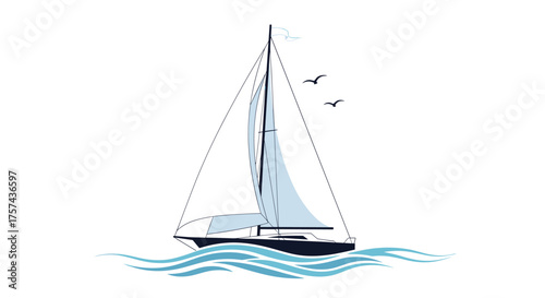 A majestic sailboat glides across the ocean waves under a clear sky with two birds flying overhead.