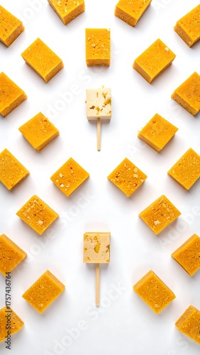 Wallpaper Mural A vibrant, symmetrical arrangement of small, square-shaped food items on a stark white background. One has a stick Torontodigital.ca