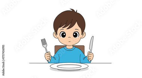 A young boy sits patiently at a table with a fork and knife ready for his meal.