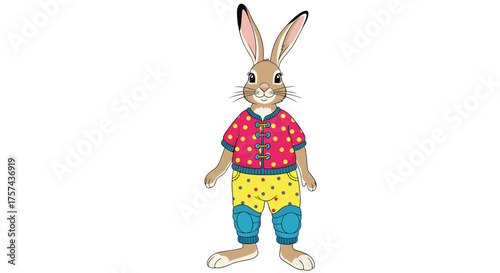 A playful rabbit dressed in a colorful outfit standing against a white background.