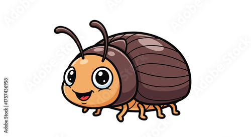 A cute brown beetle with large eyes and a happy smile standing on six legs.