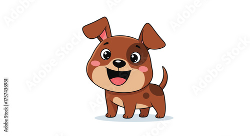 A happy little brown dog with big floppy ears and a wagging tail is smiling. He has cute spots and a playful expression on his face.