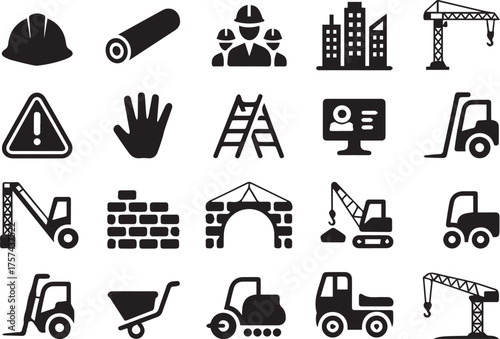 construction tool and machinery icon pack vector ai eps jpeg png hardhat crane excavator forklift wheelbarrow