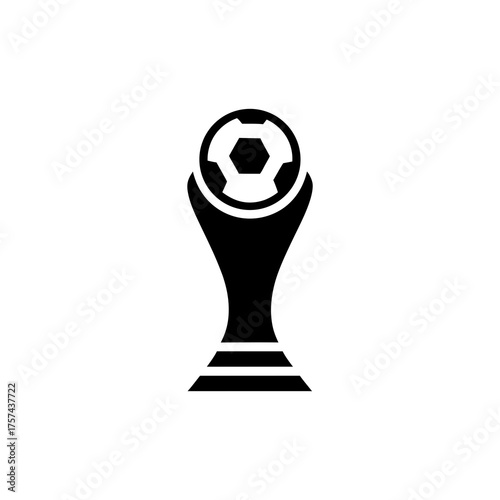 Minimalist black silhouette icon of a soccer trophy with a football ball on top. Championship award symbol for sports victories, competition, and success.