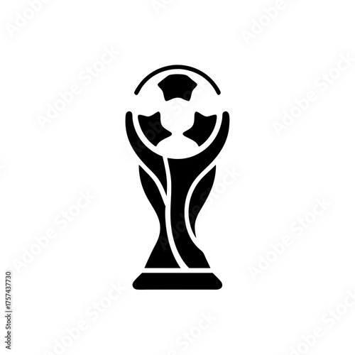 Black silhouette icon of a stylized soccer trophy with a ball, symbolizing championship victory and sports achievement, isolated on white.