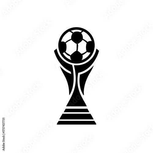 Black silhouette soccer trophy icon with a football on top, symbolizing victory, championship, and achievement award. Sports graphic.
