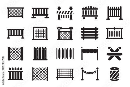 collection of fence and barrier icons black vector silhouettes including picket chainlink gate railing barricade and posts