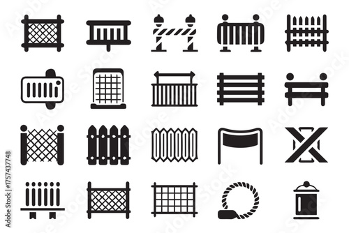 minimal black fence icons set silhouettes of fences barriers gates railings and barricades for architecture construction and design