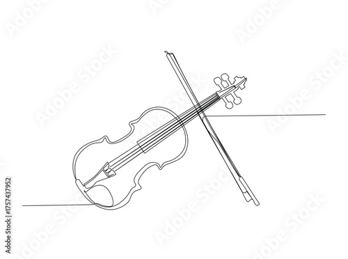 Classic violin in single outline illustration. Continuous line art drawing of violin, musican equipment. Editable stroke.