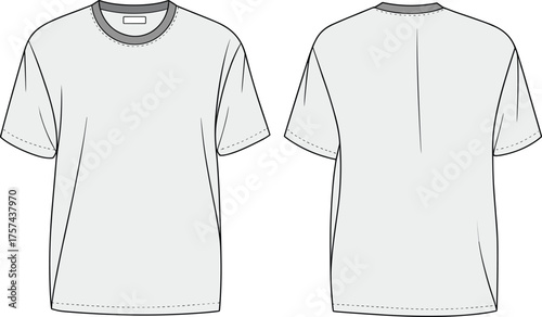 Short sleeve T shirt flat sketch, crew neck design, plain casual unisex top, back seam detail, cad drawing fashion vector illustrationShort sleeve T shirt flat sketch, 