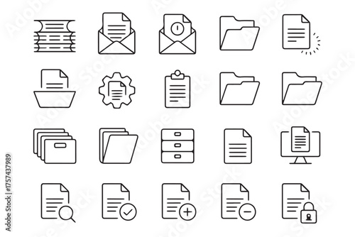 minimal document icon set black and white line vectors for ui design file search archive and secure access