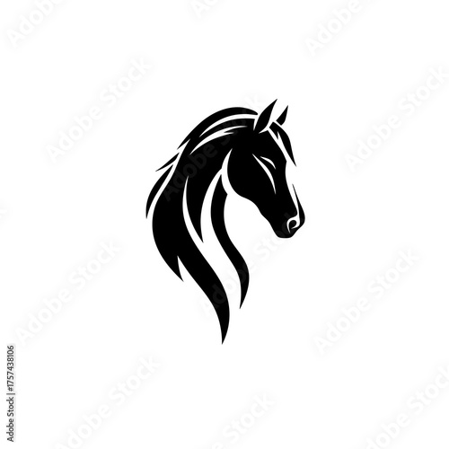 Elegant black silhouette of a horse's head with flowing mane, strong and majestic equine profile on white background.