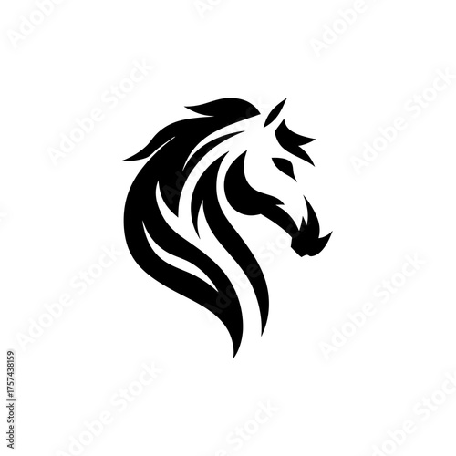 Stylized horse head vector illustration. Dynamic black and white equine graphic design. Powerful animal icon or emblem on white background.