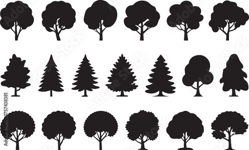 collection of black tree silhouettes vector ai eps png jpeg ideal for icons, backgrounds, landscape illustrations