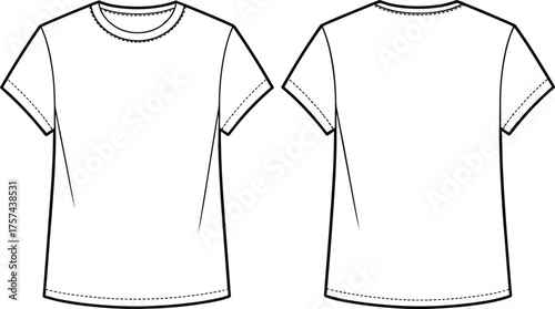 Short sleeve T shirt flat sketch, crew neck design, plain casual unisex top, front and back view, cad drawing fashion vector illustration