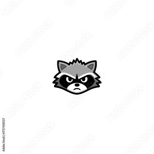 Angry raccoon head mascot illustration in monochrome style, cartoon character with serious expression, wild animal vector graphic design.