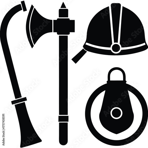Firefighter tools illustration axe helmet and lantern vintage style vector