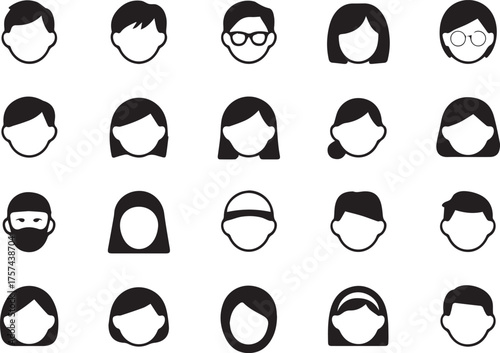 minimal monochrome avatar icon set of diverse human faces vector ai eps jpeg png for user interface