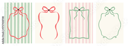 Elegant retro hand-drawn Merry Christmas card set with bows, ribbons, frames with stripes in a minimalist doodle style. Ideal for festive posters, seasonal greeting cards, and holiday invitations.