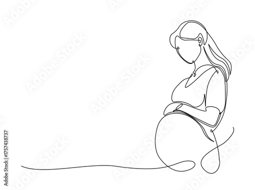 Pregnant woman in single outline illustration. Continuous line art drawing of pregnant woman holding her belly. Editable stroke.