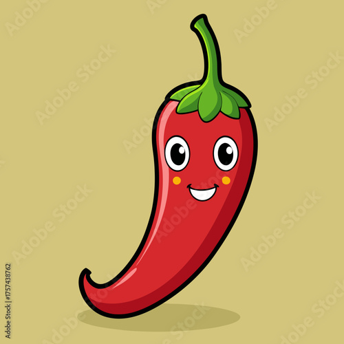 Cute cartoon red chili pepper with a happy face and green stem