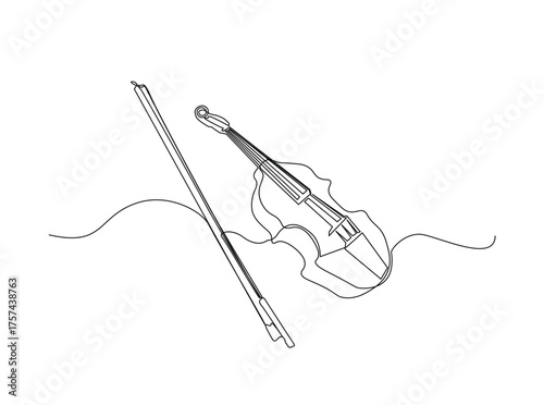 Classic violin in single outline illustration. Continuous line art drawing of violin, musican equipment. Editable stroke.