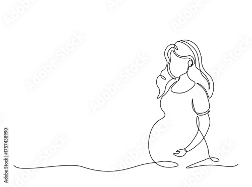 Pregnant woman in single outline illustration. Continuous line art drawing of pregnant woman holding her belly. Editable stroke.