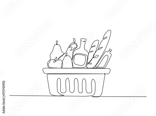 Grocery basket with full of food  in single outline illustration. Continuous line art drawing of shopping basket full of food. Editable stroke.