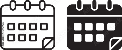 modern calendar icon pair with curled corner outline and filled versions for web app interfaces vector ai eps png jpeg