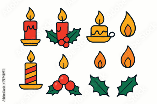 Set of festive christmas candles and holly sprigs with berries in a charming flat illustration style