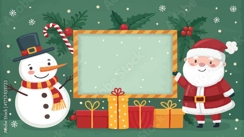 Christmas Scene with Santa Claus Snowman and Gifts Keywords: christmas, santa claus, snowman