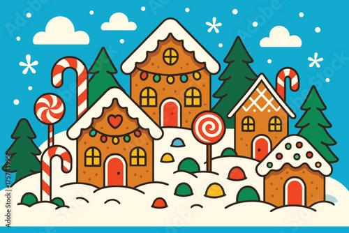 Whimsical christmas village scene with gingerbread houses and candy canes in snowy landscape