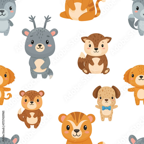 Seamless pattern featuring a collection of cute, cartoon forest and domestic animals on a white background.