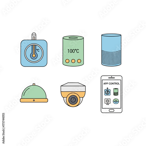 Collection of smart home devices and app control interface icons, representing modern technology.