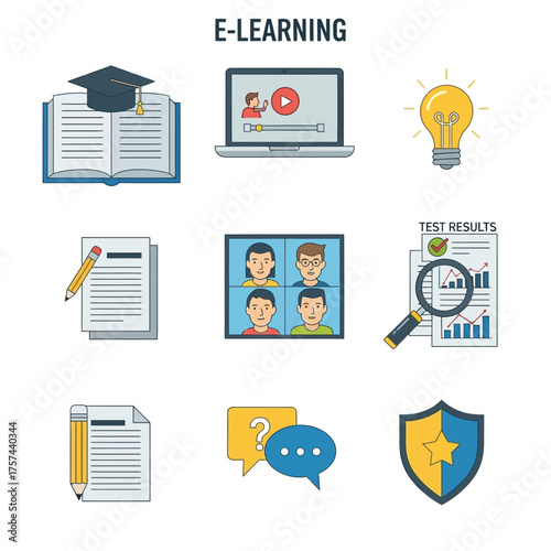 E-learning concept illustration with book, laptop, light bulb, and other icons.