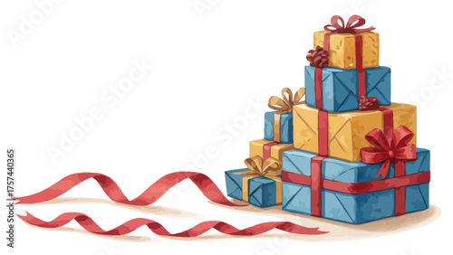 Stack of Colorful Gift Boxes with Red Ribbon gifts
