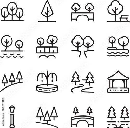 minimalist park icons vector pack line art illustrations for landscape design maps signage apps benches bridges fountains