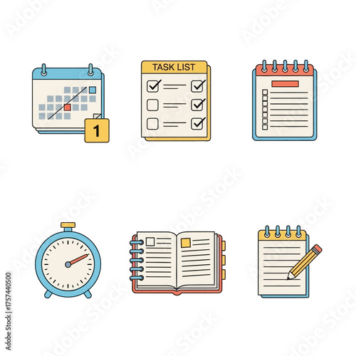 Collection of six colorful icons representing time management, planning, scheduling, and task organization tools on a white background.