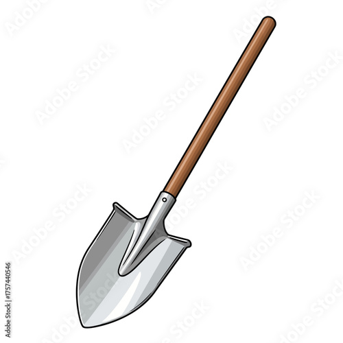 Close-up illustration of a shiny metal shovel with a long wooden handle, isolated on white.