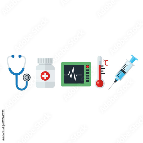 Medical equipment icons: stethoscope, pills, monitor, thermometer, syringe.