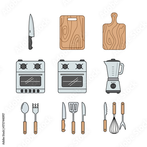 A collection of illustrated kitchen equipment icons, including a stove, blender, knives, and utensils.
