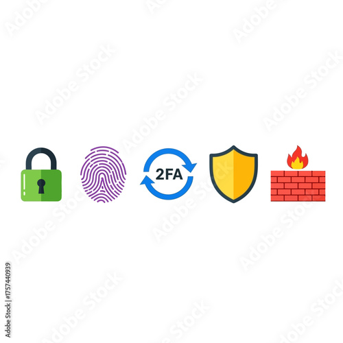 A collection of security icons including a padlock, fingerprint, two-factor authentication, shield, and firewall.
